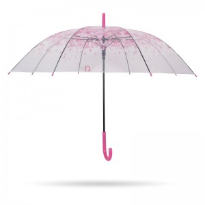 rózsaszínű sakura 23 '' 8k automatikus nyitott műanyag J fogantyúval átlátszó poe egyenes esernyő