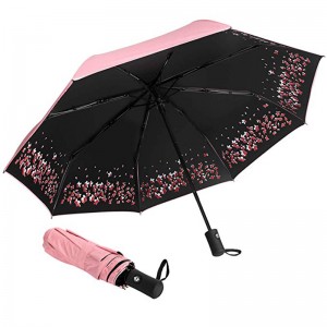 Virágmintás, egyedi nyomtatási esernyő, fekete bevonattal, UV-védelemmel, 3-szoros esernyő